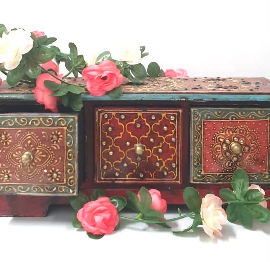 Indian Wooden Box Jewellery Chest 3 Drawers Storage Hand