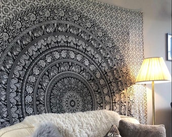 Mandala tapiz elefante negro blanco indio colgante colcha Sofá Cortina Reino Unido stock boho