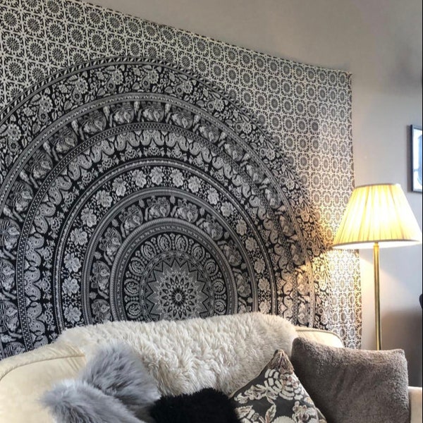 Mandala Wandteppich Elefant schwarz weiß indischer Wandbehang Bettüberwurf Sofa Überwurf Gardine UK stock boho
