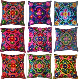 Housses de coussin cachemire, laine Suzani, broderie indienne, miroirs, étui bohème, 40 x 40 centimètres carrés, vendeur britannique Boho Takiya image 1