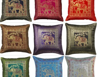 43 cms Square Lucky Indian Elephant Bohemian Mandala Art Silk Gold Brocade Ethnic Soft Cushion Covers 17" X 17" Zipper 12 Colourful Designs