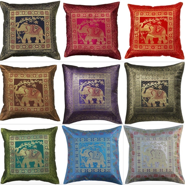 43 cms Square Lucky Indian Elephant Bohemian Mandala Art Silk Gold Brocade Ethnic Soft Cushion Covers 17" X 17" Zipper 12 Colourful Designs