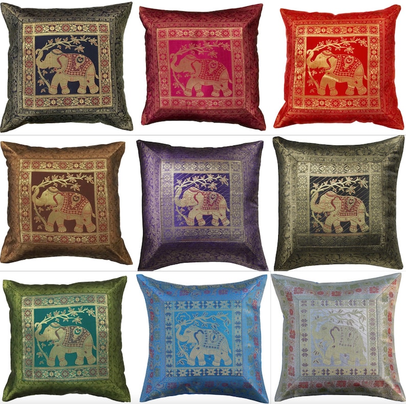 Indian Bohemian Mandala Silk Brocade Ethnic Cushion Covers Elephant 17" Square