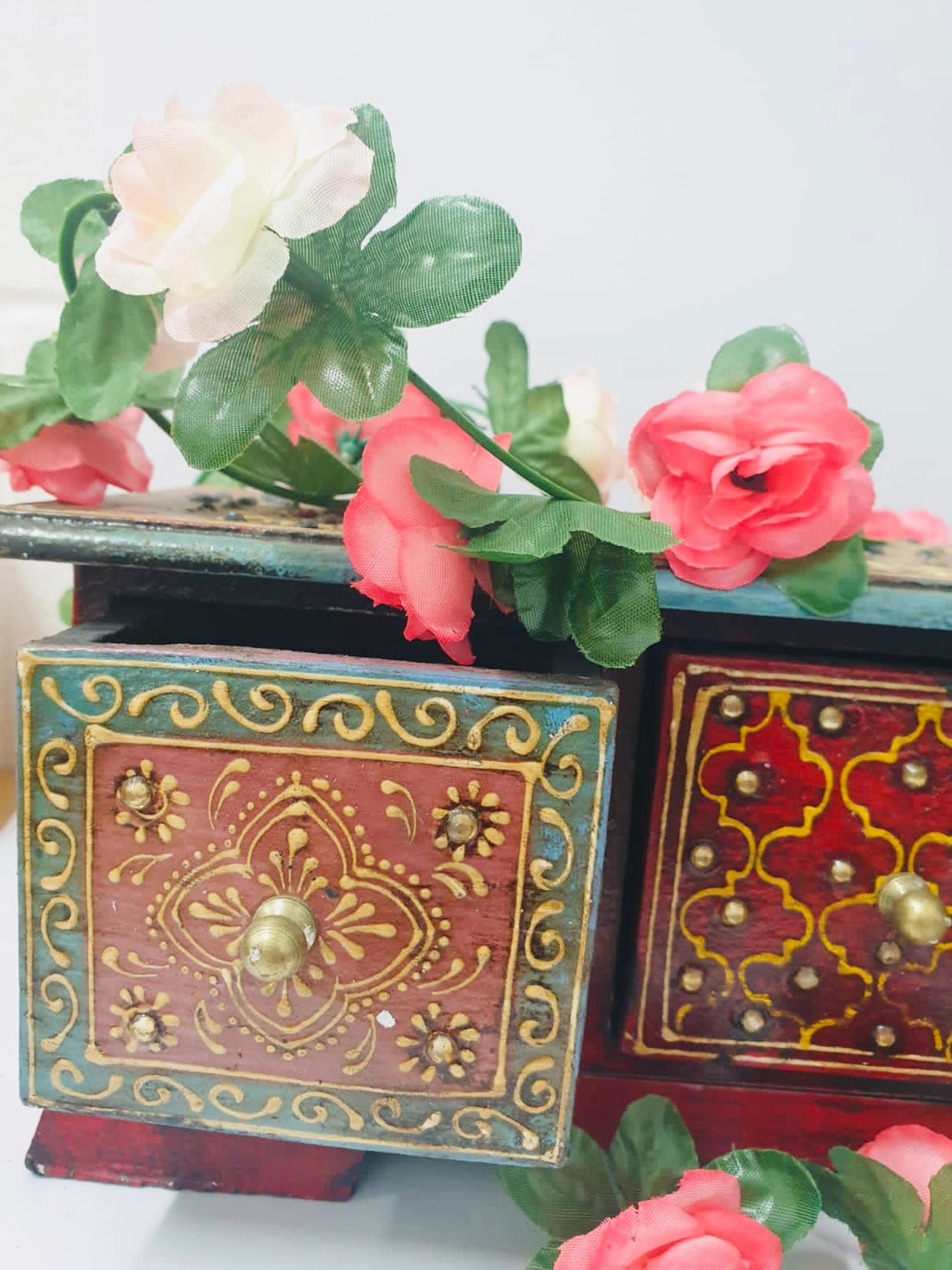 thumbnail image 2 of Handmade Indian Wooden Jewelry Box – 3 Drawer Tower, Antique Style, Rotating & Stackable, Multicolored 2 of 4