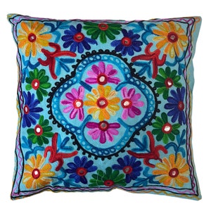 Housses de coussin cachemire, laine Suzani, broderie indienne, miroirs, étui bohème, 40 x 40 centimètres carrés, vendeur britannique Boho Takiya Blue