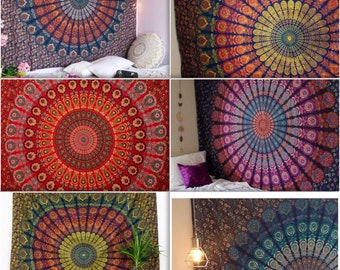 Tapisserie indienne faite main - Mandala ethnique à suspendre Bleu, rouge, rose, vert. Boho paon 1 pièce et 2 pièces en coton, tailles hippie bohème française