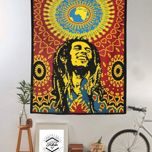 Bob Marley Rire Musique Tapisserie Mur Suspendu Rasta Décor Afrique Drapeau Coton Rouge, Jaune - Art Moderne - 200 x140 Centimètres Coton