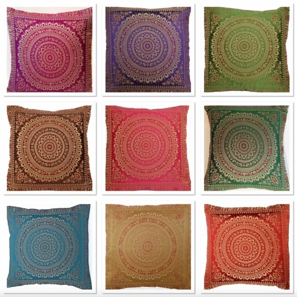 40 x 40 cm Bohemian Indian Mandala Cushion Cover, Banarasi Art Silk Brocade Suzani Accent Home Decorative Boho Pillow Case 16"x16" UK STOCK