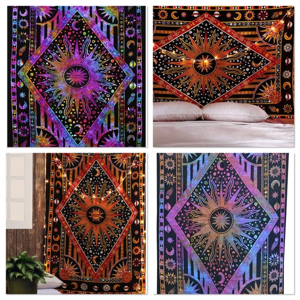 Multicolore Celestial Indian Tapestry Twin Sun / Moon Wall Hanging Mandala boho