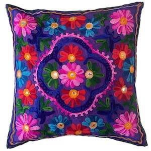 Housses de coussin cachemire, laine Suzani, broderie indienne, miroirs, étui bohème, 40 x 40 centimètres carrés, vendeur britannique Boho Takiya Purple