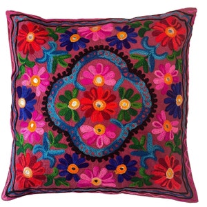 Housses de coussin cachemire, laine Suzani, broderie indienne, miroirs, étui bohème, 40 x 40 centimètres carrés, vendeur britannique Boho Takiya Maroon