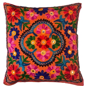 Housses de coussin cachemire, laine Suzani, broderie indienne, miroirs, étui bohème, 40 x 40 centimètres carrés, vendeur britannique Boho Takiya Orange