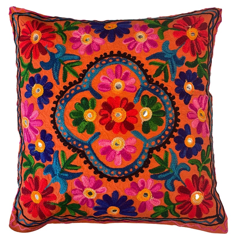 Housses de coussin cachemire, laine Suzani, broderie indienne, miroirs, étui bohème, 40 x 40 centimètres carrés, vendeur britannique Boho Takiya Orange