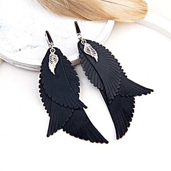 Black leather feathers earrings with small pendant wings