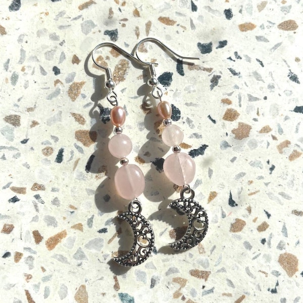 Love + Purity Crystal Earrings | Made with Rose Quartz + Freshwater Pearl | Handmade