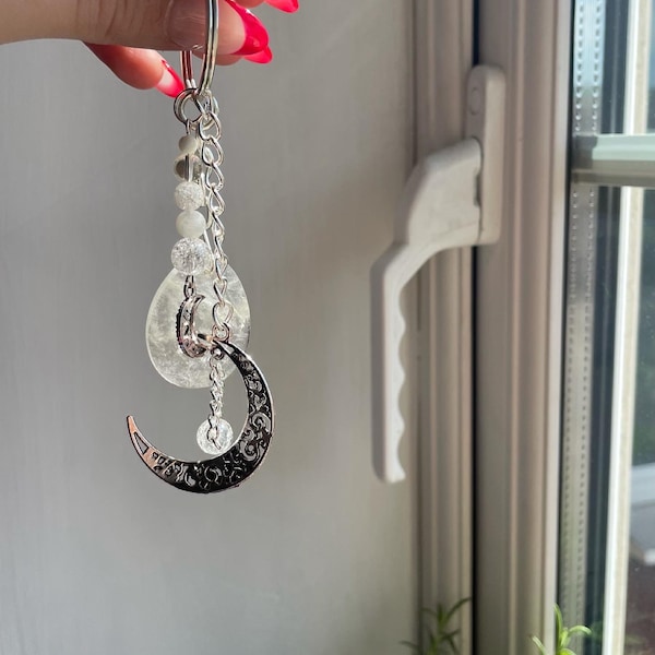 Super Sparkly Clear Quartz Keyring with Crackle Quartz, Moonstone, Rock Crystal and Mother of Pearl