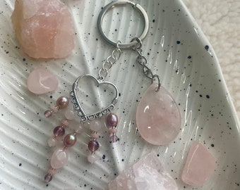 Rose Quartz Teardrop Keyring | Made with Rose Quartz + Pink Opal + Freshwater Pearl + Glass Beads