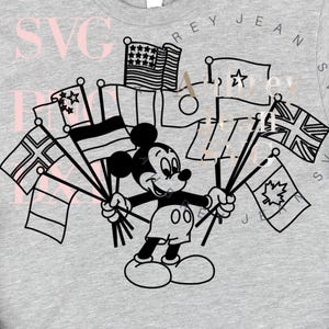 May include: A light grey t-shirt with a black graphic of Mickey Mouse holding flags from different countries. The image includes blue jeans, white trainers, and a rose gold sequined Minnie Mouse ear headband.