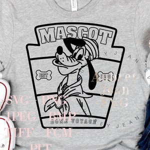 May include: A gray t-shirt with a black and white graphic of a cartoon dog wearing a hat and a bandana. The graphic says "Mascot" and "Gone Voyage".