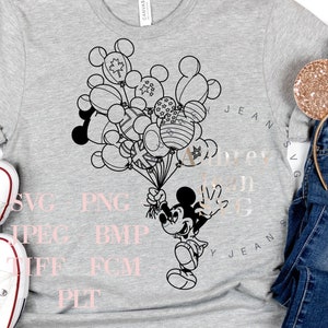 May include: A grey t-shirt featuring a black and white illustration of Mickey Mouse holding balloons. The balloons are various shapes and sizes and have a black and white pattern. The text "SVG - PNG - JPEG - BMP - TIFF - PCM - PET" is printed on the shirt.