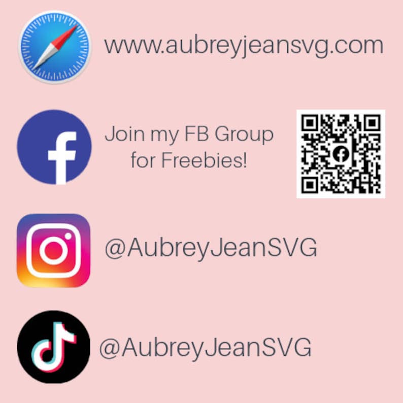 May include: A light pink graphic with social media icons for Safari, Facebook, Instagram, and TikTok. The text includes a website address, a Facebook group invitation, and Instagram and TikTok handles, all related to Aubrey Jean SVG.