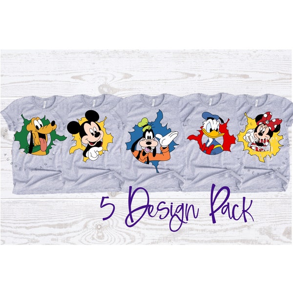 Fab 5 Coming Out 5 Design Pack SVG PNG Dxf Sublimation Cricut Silhouette Studio Cutting Machine Pluto Mickey Minnie Goofy Donald Duck Circle