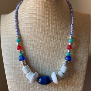 Red White and Blue Wood and Glass Beaded Necklace, Beach Jewelry