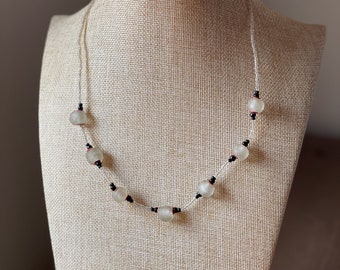 White Translucent Recycled Glass Beaded Necklace, Beach Jewelry, Krobo Bead