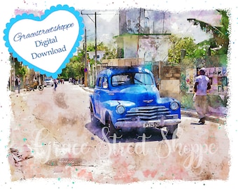 Cuba Watercolor Print – Vintage Blue Car, Havana Street Scene (Digital Download)