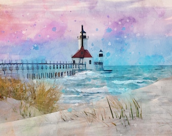May include: A watercolor painting of a lighthouse on a pier extending into the ocean. The sky is a mix of pink, purple, and blue with white splotches. The water is a light blue with white waves. The sand is white with green grass growing on it.