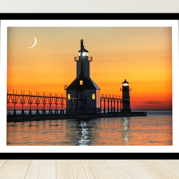 Sunset Silhouette St. Joseph, Michigan Lighthouse Crescent Moon Set Lake Michigan Photography