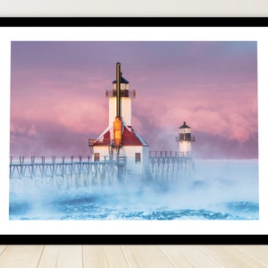 St. Joseph Winter Lighthouse Photography Pink Skies Tiscornia Michigan Lighthouse Fine Art Photo