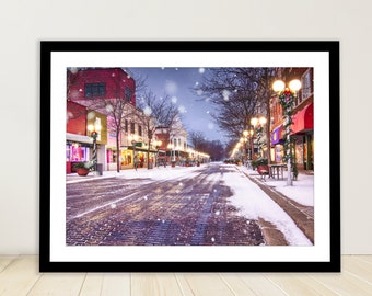 St. Joseph Michigan Christmas Print, Snowy Brick Road