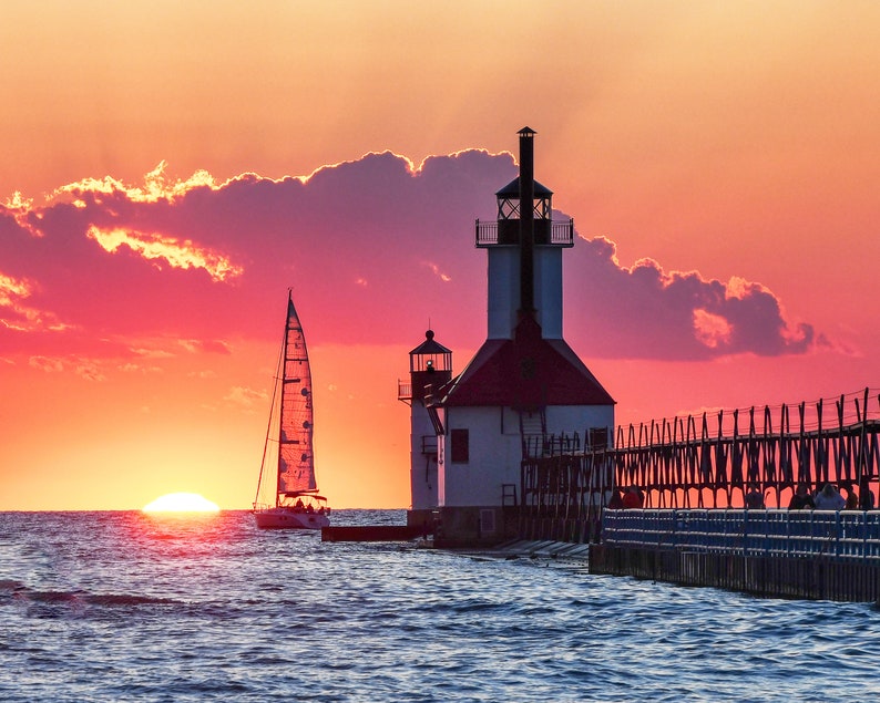 St. Joseph, Michigan Lighthouse Sunset Sailboat Photography, Tiscornia