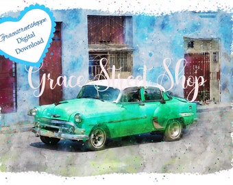 Cuba Watercolor Print – Vintage Car, Havana Wall Art (Digital Download)