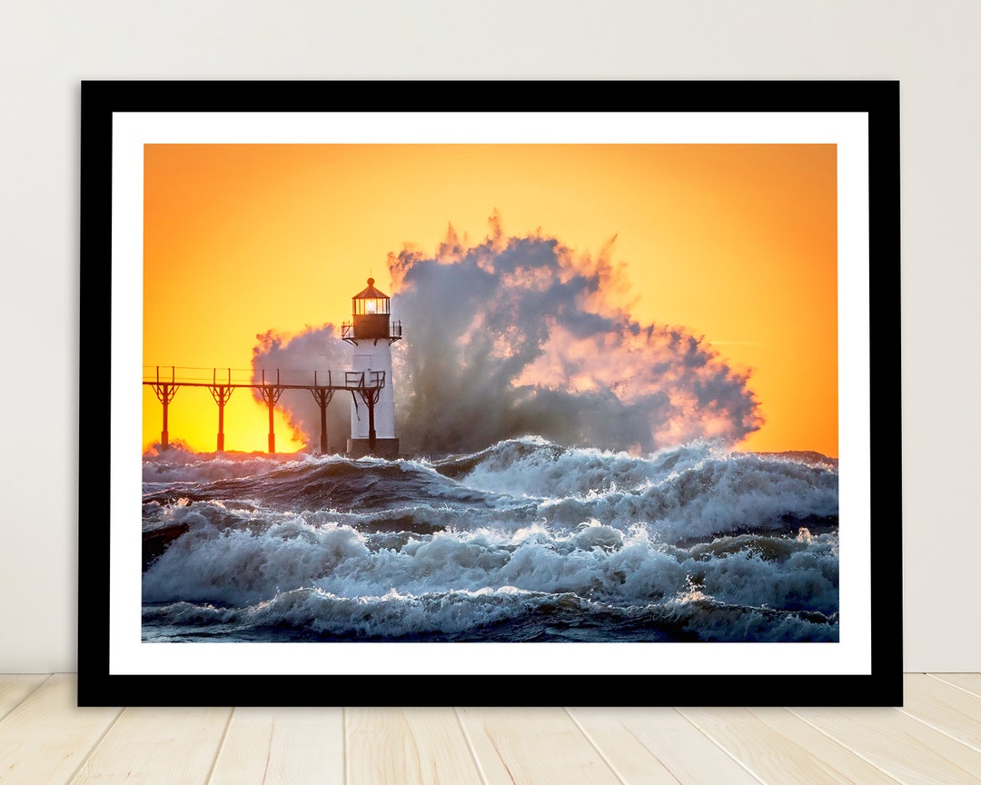 St. Joseph Lighthouse Print, Splashing Waves Photography, Golden Sunset ...