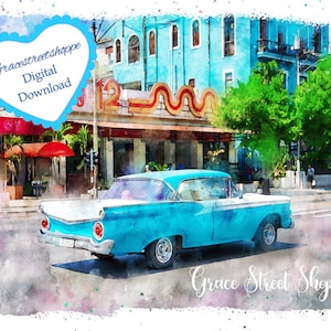 Cuba Acquerello, Cuba Stampa Digitale - Download digitale, Cuba Print, L'Avana, Cuba stampa, Havana Poster, Havana Wall Art, Vinatage Cars