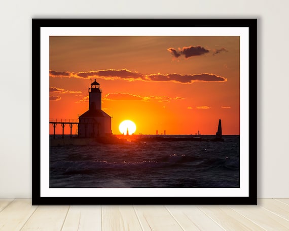 Michigan City, Indiana Lighthouse with the Chicago Skyline Silhouette Sunset Photography Fine Art