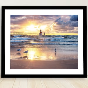 Sunset St. Joseph, Lighthouse Ticornia Beach Seagulls Photography Michigan Fine Art