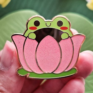 Cute Enamel Pin, Kawaii Frog Pin, Lotus Flower Lapel Pin