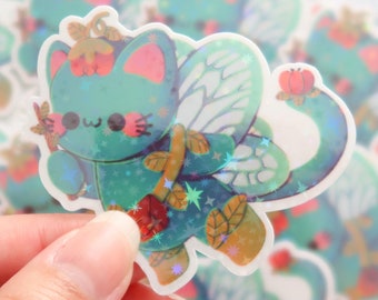 Sticker chat mignon, stickers animaux kawaii, papeterie fées, vinyle autocollant chat