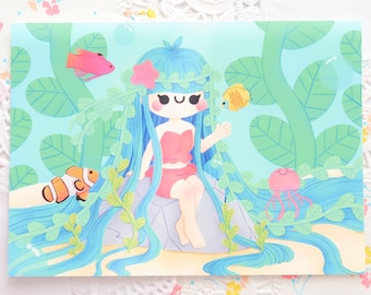 Impression d'art poisson mignon, art océan kawaii, oeuvre d'art de la nature