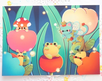 Impression d'art grenouille mignonne, art champignon kawaii, oeuvre d'art chat
