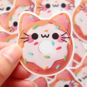 Sticker chat mignon, stickers donuts kawaii, sticker alimentaire découpé
