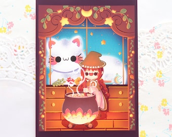 Impression d'art sorcière mignonne, art chat kawaii, oeuvre d'art d'Halloween
