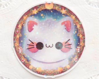 Sticker chat mignon, stickers animaux kawaii, papeterie lune, vinyle autocollant chat lune