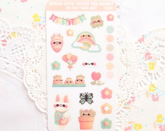 Jolie feuille d'autocollants de printemps, autocollants d'agenda de lapin kawaii, papeterie nature