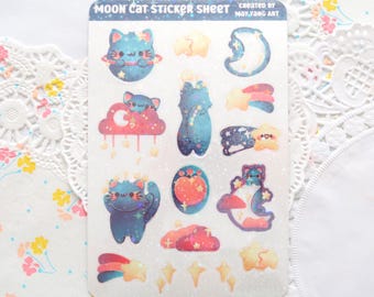 Feuille d'autocollants chat mignon, stickers planificateur étoiles kawaii, papeterie lune