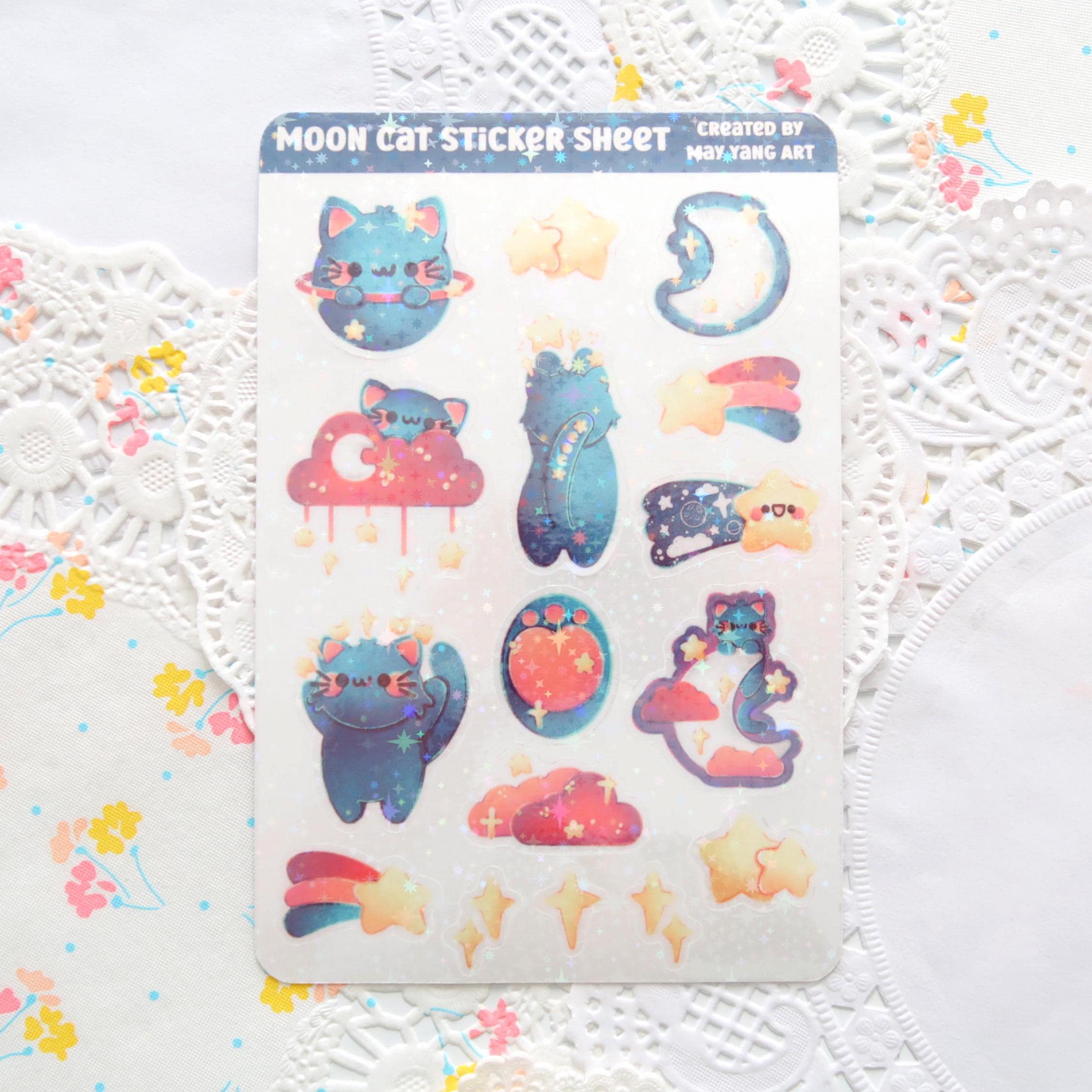 Cute Cat Sticker Sheet, Kawaii Star Planner Stickers, Moon Stationery ...