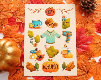 Impression d'art automne confortable mignonne, art automne kawaii, oeuvre d'art saisonnière